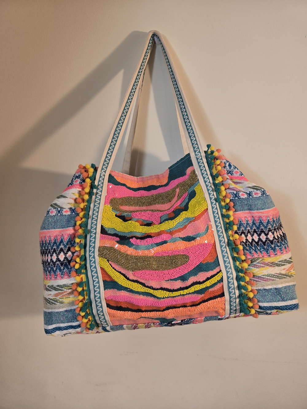 American Atelier Multicolor Boho Hobo Bag with Pom Trim